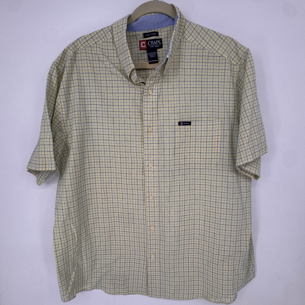 Chaps Button Down Shirt Mens XL Yellow Excellent Plaid Short Sleeve Easy Care